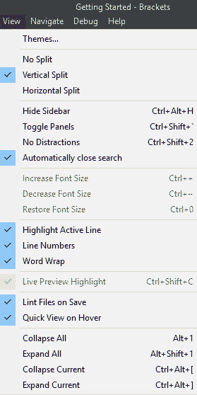 Brackets View Menu